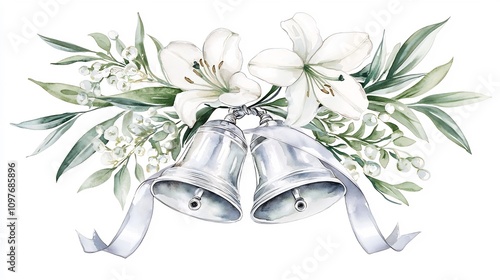 Watercolor showcasing a festive arrangement of two silver wedding bells with metallic accents adorned with delicate white lilies and lush green leaves photo