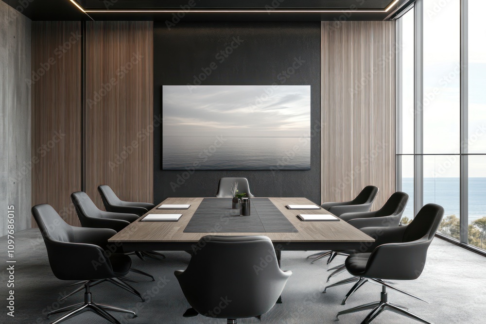 Contemporary conference room with ocean view, large meeting table, and modern chairs Contemporary conference room with ocean view, large meeting table, and modern chairs
