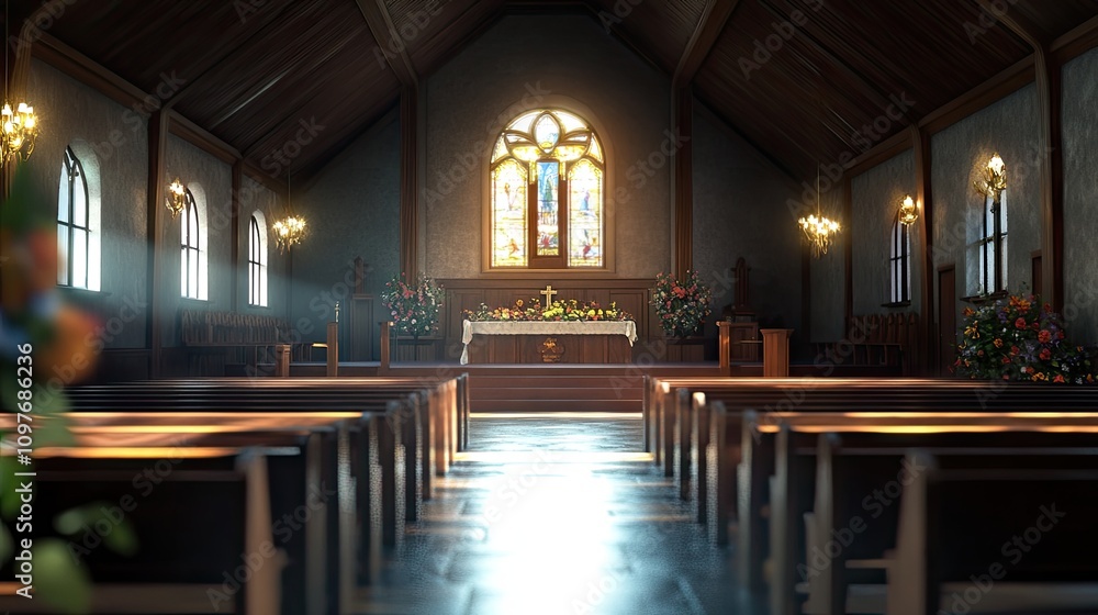 Serene interior of a beautiful, sunlit church with stained glass windows and floral decorations. Serene interior of a beautiful, sunlit church with stained glass windows and floral decorations.