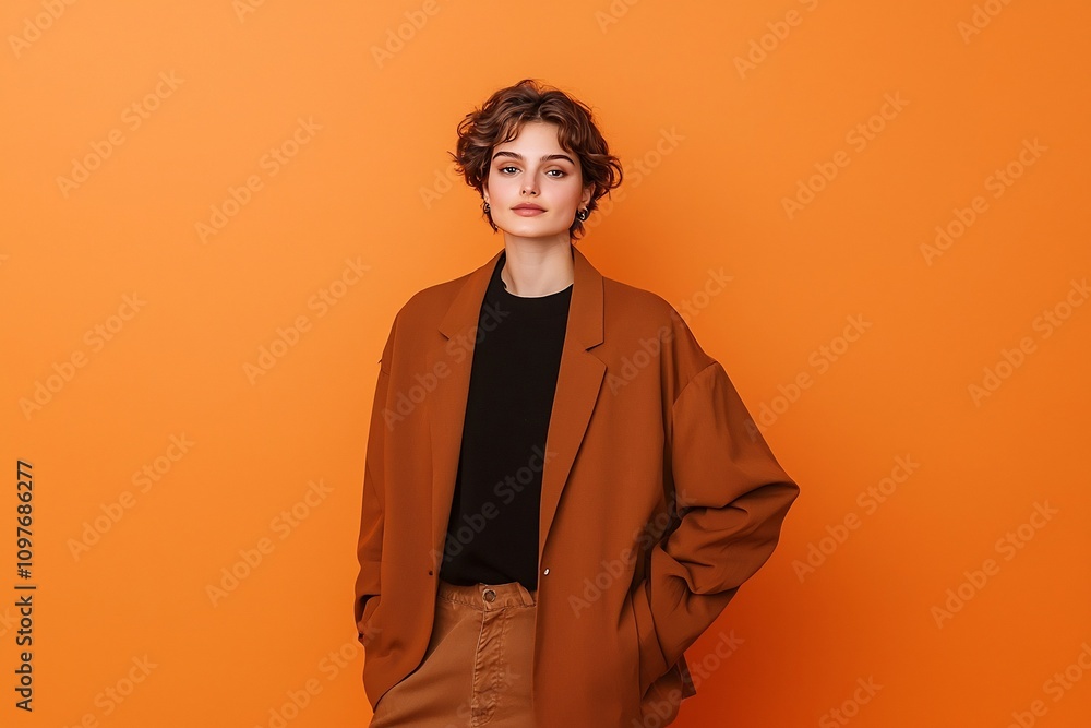 Confident and Captivating Model in Elegant Impressionistic Portrait Against Burnt Orange Backdrop Confident and Captivating Model in Elegant Impressionistic Portrait Against Burnt Orange Backdrop