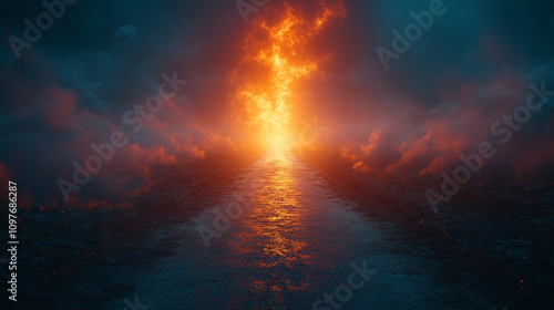 empty road leading towards the horizon with a glowing rising sun symbolizing new beginnings, hope, and a journey of self-discovery in a tranquil setting