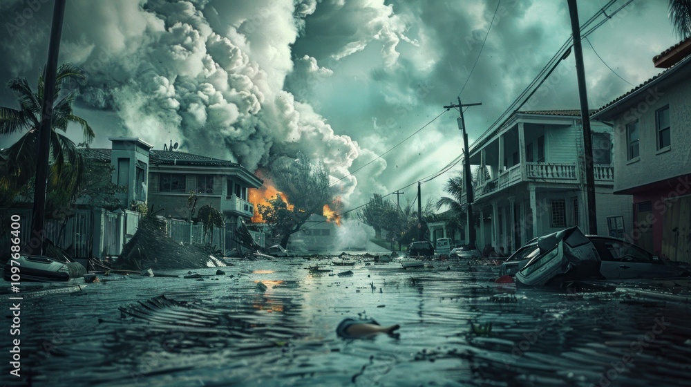 Obraz premium Flooded street, burning buildings, hurricane aftermath.