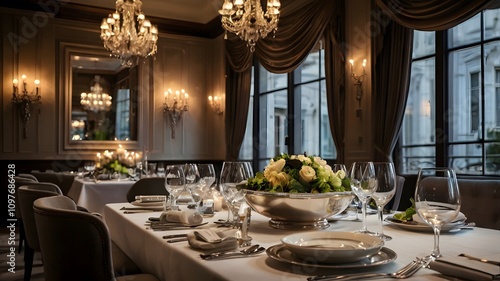Elegant restaurant setting with a gourmet dish served on a table during dinner time