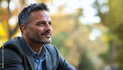 Candid moment of a relaxed businessman in a natural setting outdoor environment professional portrait for seo impact