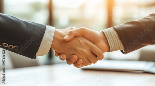 Close-up of two businesspeople shaking hands during a meeting.