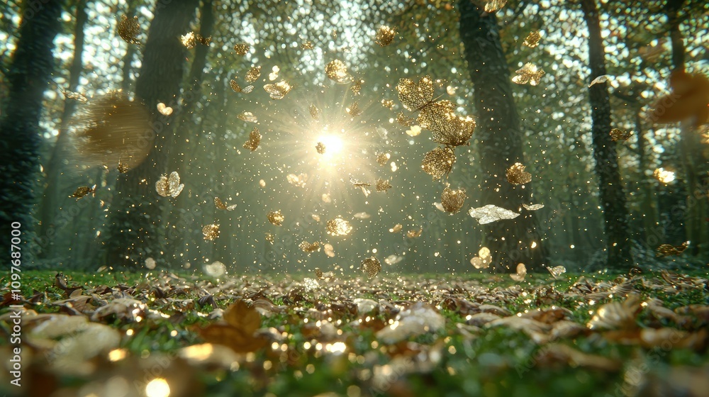 Obraz premium Magical Golden Autumn Leaves Falling in Enchanted Forest