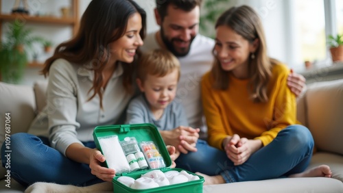 Bandage for home first-aid kits. A family gathers around a first aid kit at home, smiling together while preparing for emergencies. Bandages and supplies visible.