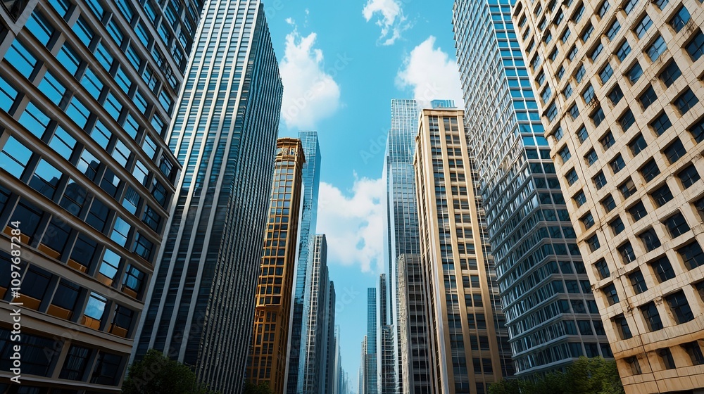 A bustling modern urban cityscape with towering glass skyscrapers and clean streets. A bustling modern urban cityscape with towering glass skyscrapers and clean streets.