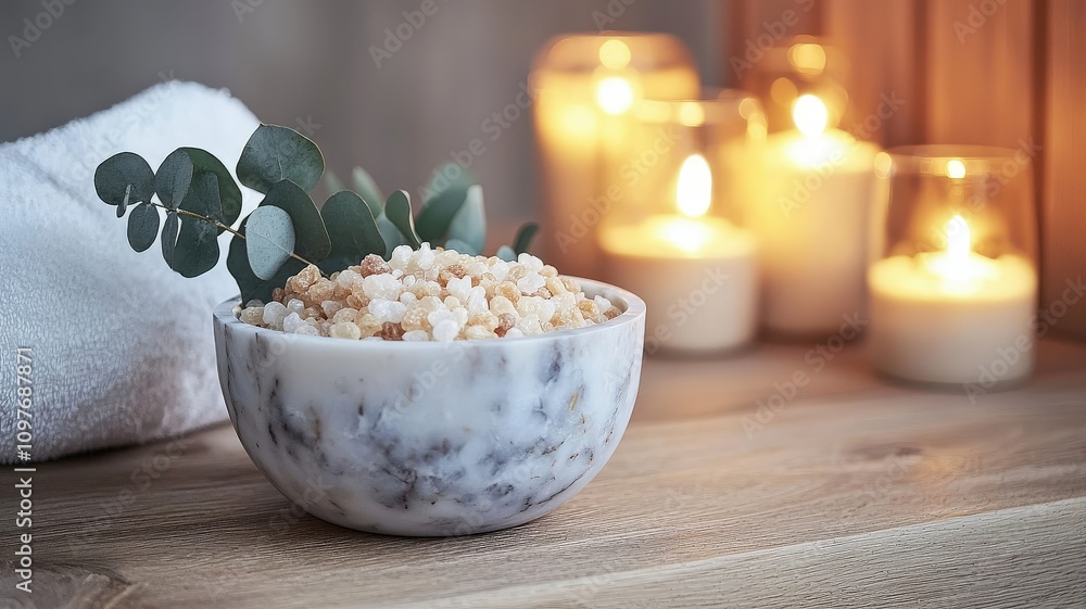 A serene setting featuring a marble bowl with a natural scrub, surrounded by candles and a towel, evoking relaxation and self-care. A serene setting featuring a marble bowl with a natural scrub, surrounded by candles and a towel, evoking relaxation and self-care.