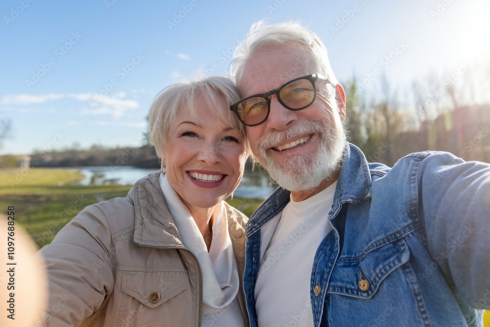 Happy senior couple taking selfie outdoors in nature on sunny day Happy senior couple taking selfie outdoors in nature on sunny day