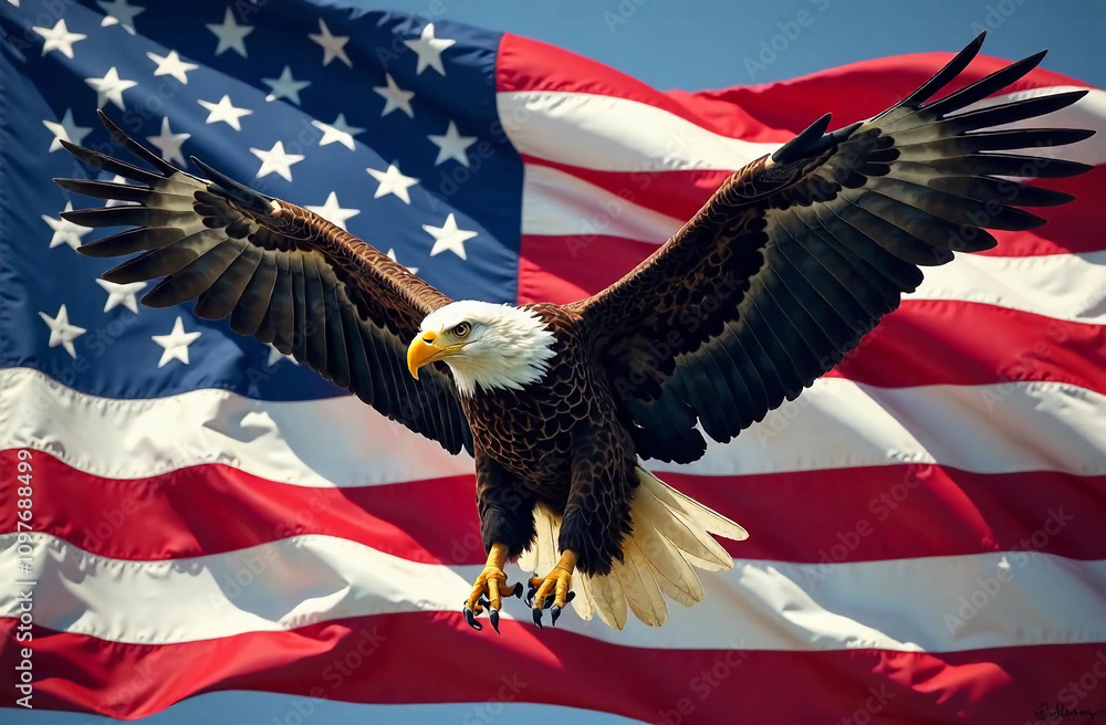 Naklejka premium American bald eagle flies on the waving American flag background