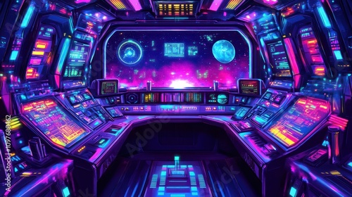 Futuristic Spaceship Cockpit View Showing Cosmos