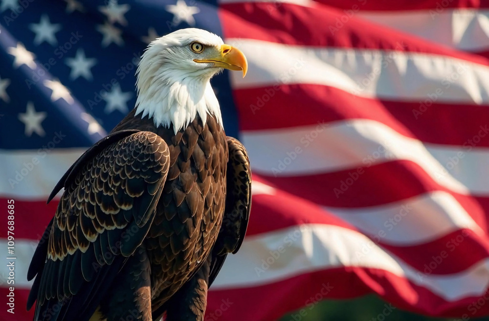 Naklejka premium American bald eagle sits on American flag background