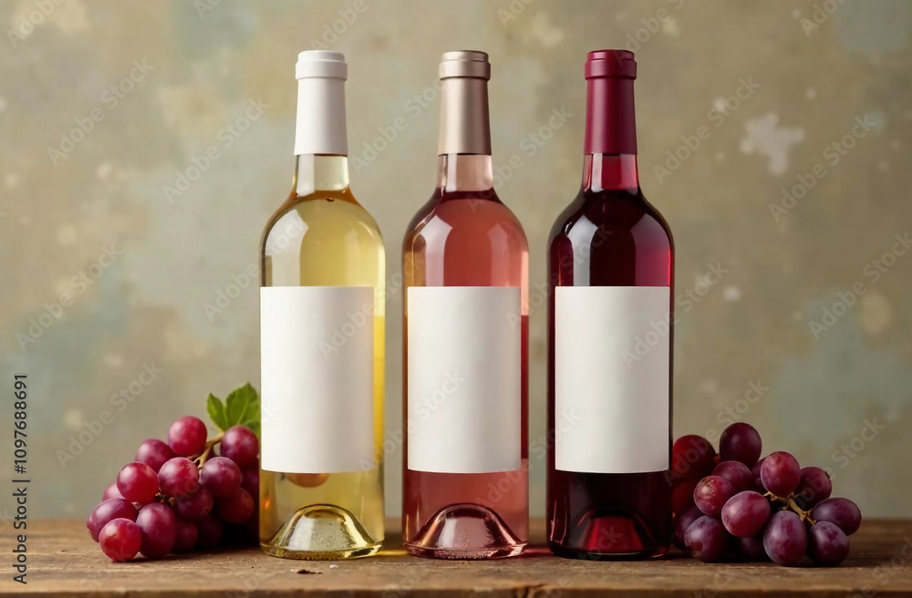 Obraz premium Three wine bottles mockup with blank labels and fresh grapes around. White, pink and red wine bottles on the wooden table