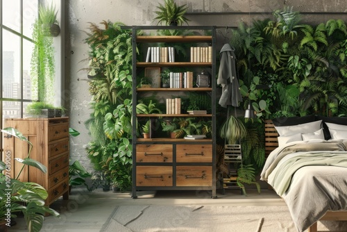 A bedroom with a lush green wall, wooden furniture, and plants, creating a tranquil, naturefilled space. photo