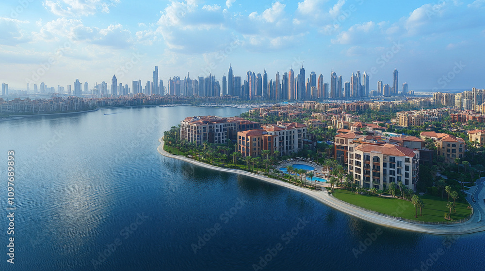 Naklejka premium stunning aerial view of Dubai's iconic Palm Jumeirah island, showcasing its unique palm tree shape, luxury residences, turquoise waters, and intricate network of waterways, symbolizing innovation and 