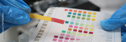 Laboratory worker compares color of stick with indicators photo