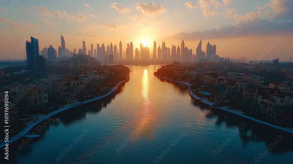 Naklejka premium stunning aerial view of Dubai's iconic Palm Jumeirah island, showcasing its unique palm tree shape, luxury residences, turquoise waters, and intricate network of waterways, symbolizing innovation and 