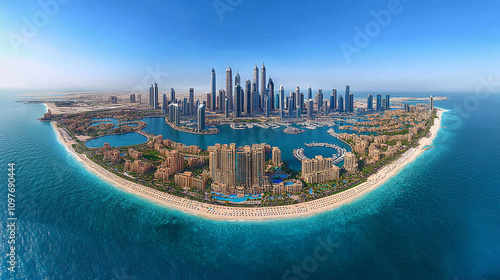 stunning aerial view of Dubai's iconic Palm Jumeirah island, showcasing its unique palm tree shape, luxury residences, turquoise waters, and intricate network of waterways, symbolizing innovation and 
