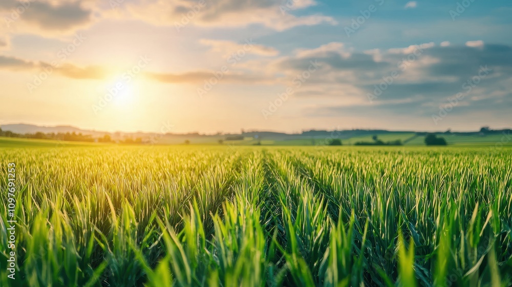 Sustainable farming practices open fields agriculture nature sunrise eco-friendly technology