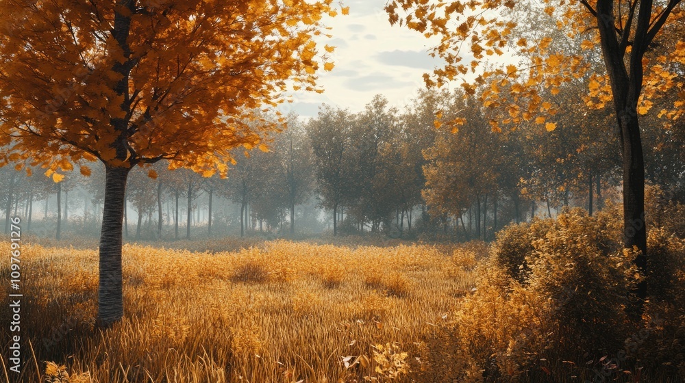Fototapeta premium A serene autumn landscape featuring golden trees and tall grasses under a soft, cloudy sky.
