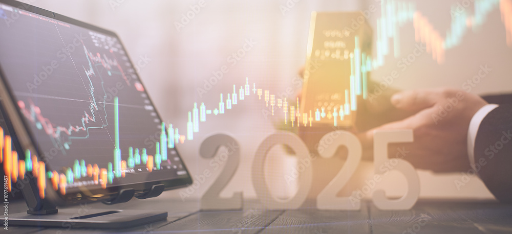 2025 Investment Trends: Businessman Holding Gold Bar with Digital Financial Charts and Market Indicators