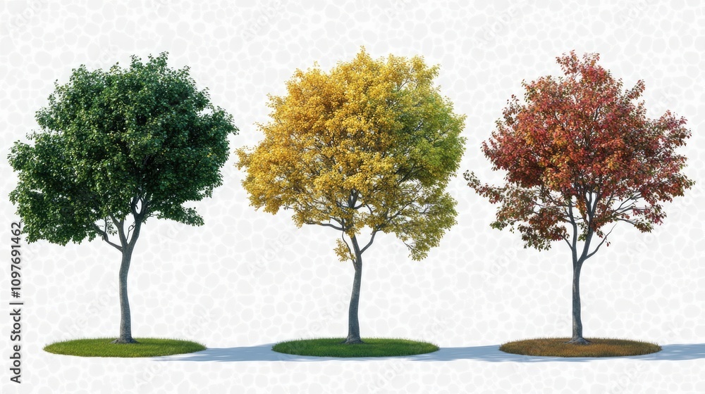 Three distinct trees showcasing green, yellow, and red foliage, symbolizing the changing seasons. Three distinct trees showcasing green, yellow, and red foliage, symbolizing the changing seasons.