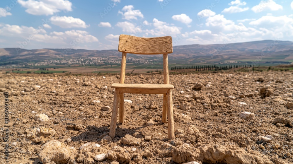 Solitary Wooden Chair in Arid Desert Landscape Scenic View Solitary Wooden Chair in Arid Desert Landscape Scenic View