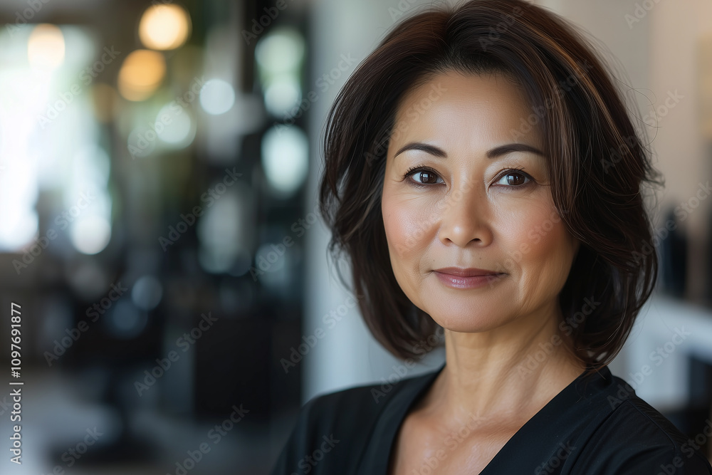 create a stylish and mid-aged female Asian hairdresser with a half-length portrait who faces toward the camera create a stylish and mid-aged female Asian hairdresser with a half-length portrait who faces toward the camera