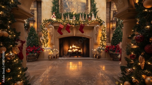 A beautifully decorated fireplace with stockings and fairy lights, framed by arched holiday architecture photo