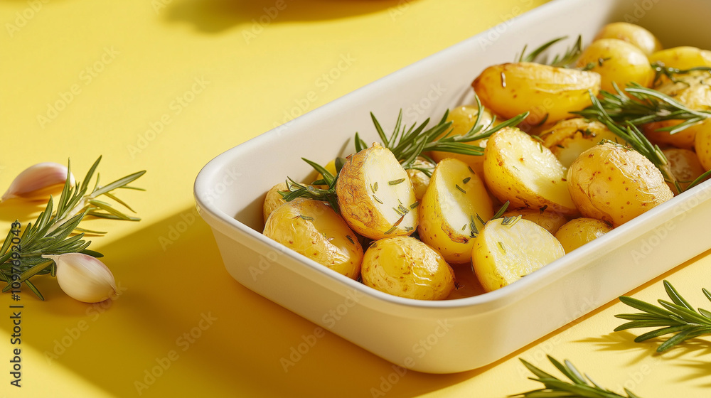 A white serving dish filled with perfectly roasted potatoes garnished with fresh rosemary sits on a vibrant yellow background, evoking a sense of culinary delight. A white serving dish filled with perfectly roasted potatoes garnished with fresh rosemary sits on a vibrant yellow background, evoking a sense of culinary delight.