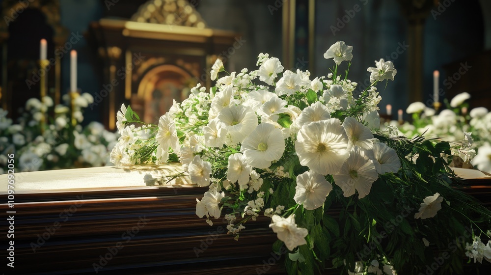 Elegant floral arrangement atop a casket, symbolizing peace and remembrance. Elegant floral arrangement atop a casket, symbolizing peace and remembrance.