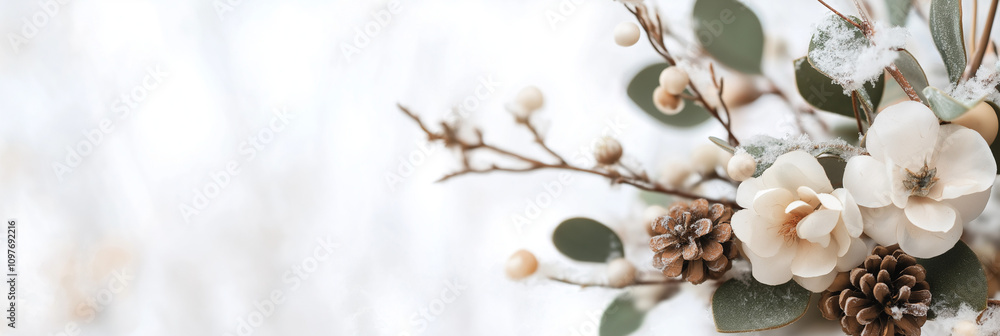 Winter bouquet composed of white florals, pinecones, and frosted leaves, elegantly arranged to capture the serene beauty and delicate charm of the season. Winter bouquet composed of white florals, pinecones, and frosted leaves, elegantly arranged to capture the serene beauty and delicate charm of the season.