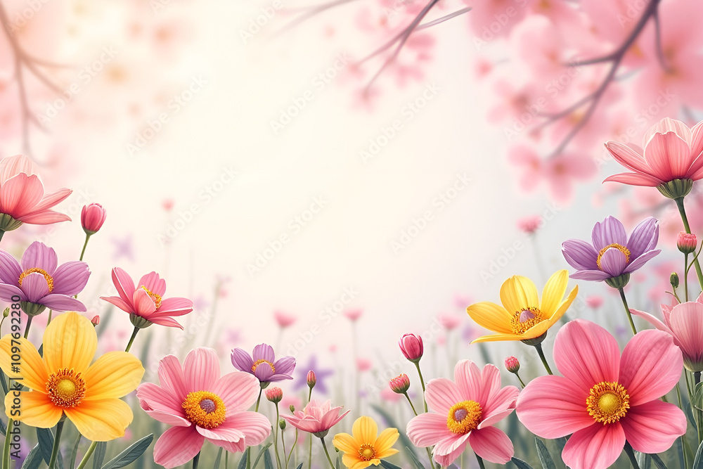 Background of spring flowers for card for the holiday. Women's Day. Selective focus. Horizontal. Top view. Background with copy space Background of spring flowers for card for the holiday. Women's Day. Selective focus. Horizontal. Top view. Background with copy space
