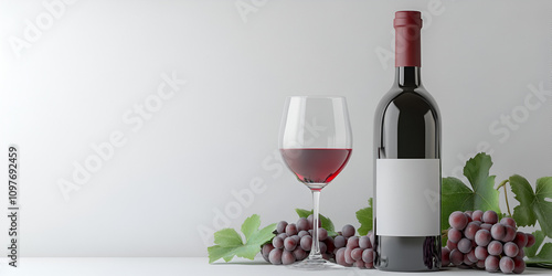 Red Wine Bottle with Glass and Grapes on White Background photo