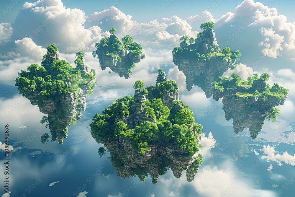 Five Floating Islands with Lush Vegetation and Cloudy Sky Five Floating Islands with Lush Vegetation and Cloudy Sky
