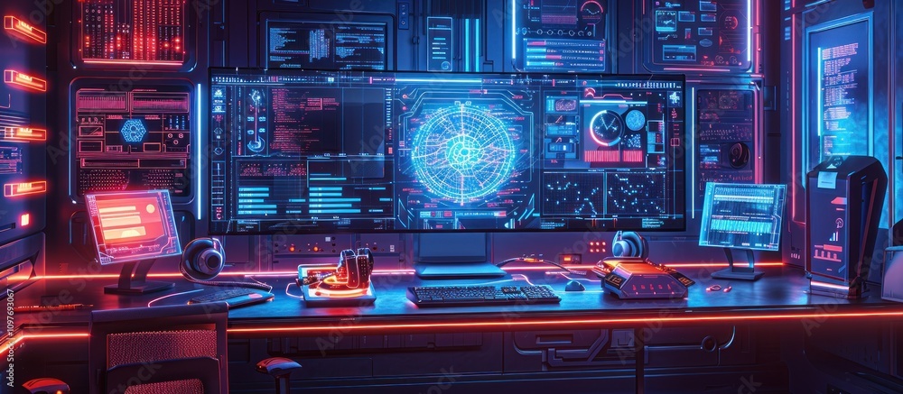 Futuristic tech room with glowing screens displaying data, network, and digital information. Futuristic tech room with glowing screens displaying data, network, and digital information.