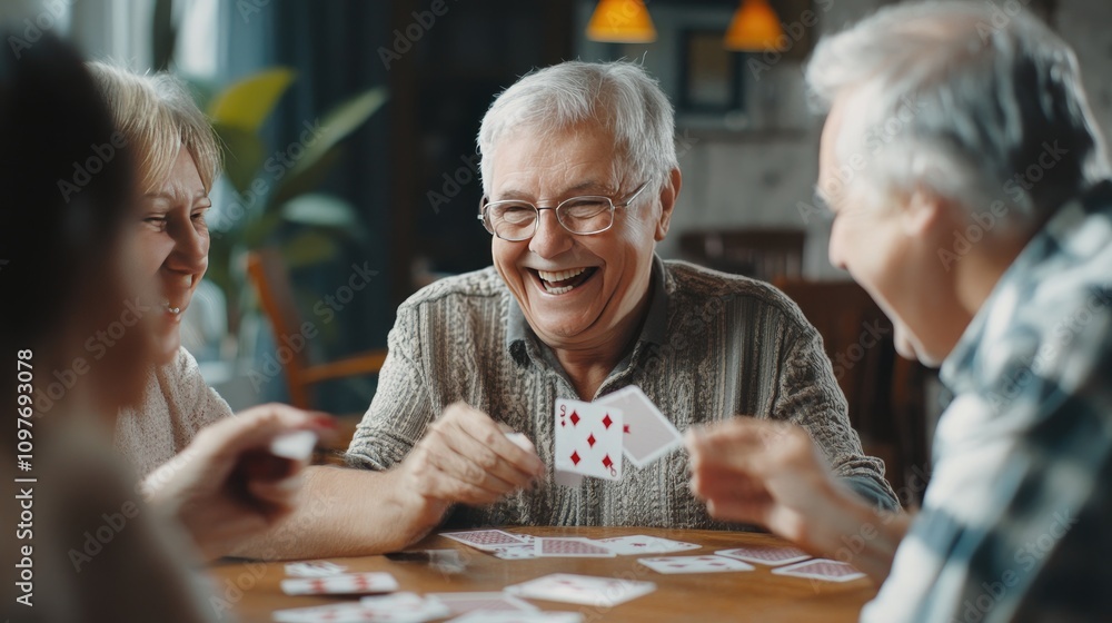 Fototapeta premium Joyful elderly Caucasian man laughing while playing cards with friends.