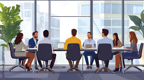 A diverse group of professionals engaging in a meeting in a modern, bright office setting.