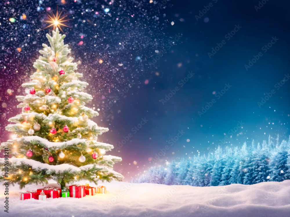 Magical Christmas Tree in Snowy Winter Wonderland. Magical Christmas Tree in Snowy Winter Wonderland.