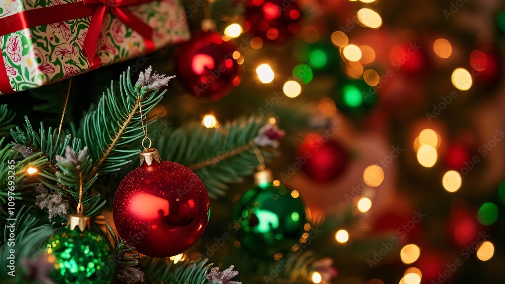 Close-up of Decorated Christmas Tree with Red and Green Ornaments, Gift, and Lights Close-up of Decorated Christmas Tree with Red and Green Ornaments, Gift, and Lights