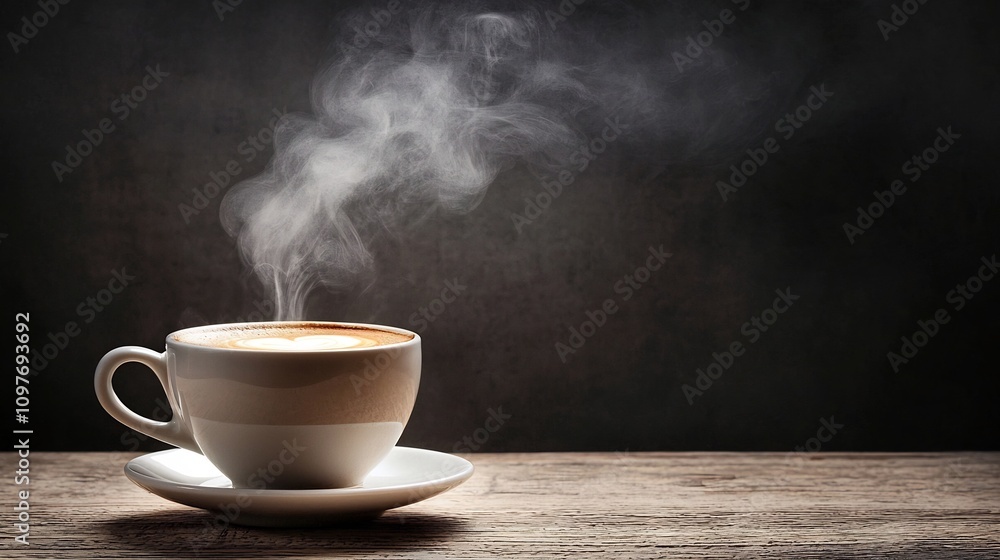 Closeup of a steaming hot cup of freshly brewed coffee with a swirling wisp of vapor rising above it set on a rustic wooden table or surface The image has a cozy Closeup of a steaming hot cup of freshly brewed coffee with a swirling wisp of vapor rising above it set on a rustic wooden table or surface The image has a cozy