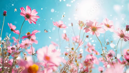 A vibrant scene of bright pink flowers blooms under a blue sky. Soft sunlight enhances the beauty, creating a peaceful atmosphere filled with nature.