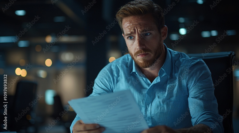 Obraz premium Office worker reviewing insurance claim forms after a workplace accident with a concerned expression Stock Photo with side copy space