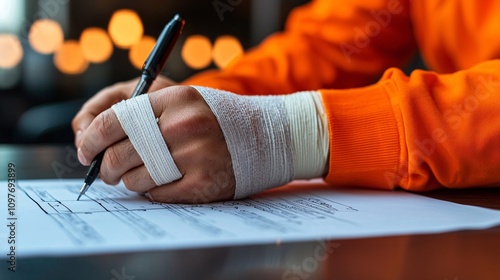 Injured construction worker filling out incident report paperwork while wearing a supportive bandage Stock Photo with side copy space