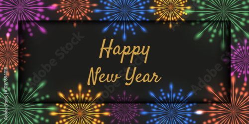 3D new year horizontal Banner with Firework explosion light and greeting typography. Festive Firework Frame in cut out paper style. Vector illustration. 