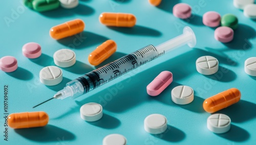 Syringe and Pills on Blue Background