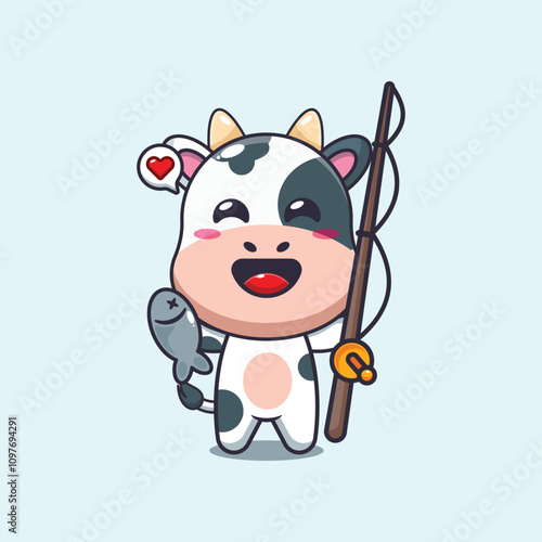 Cute cow catching fish with fishing rod cartoon vector illustration