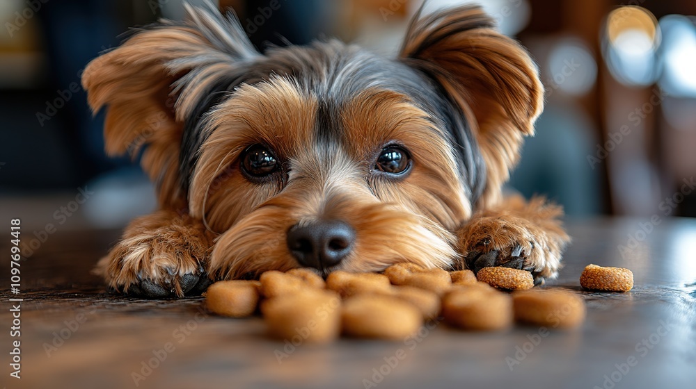 Adorable Yorkshire Terrier with a Pile of Dog Treats Adorable Yorkshire Terrier with a Pile of Dog Treats