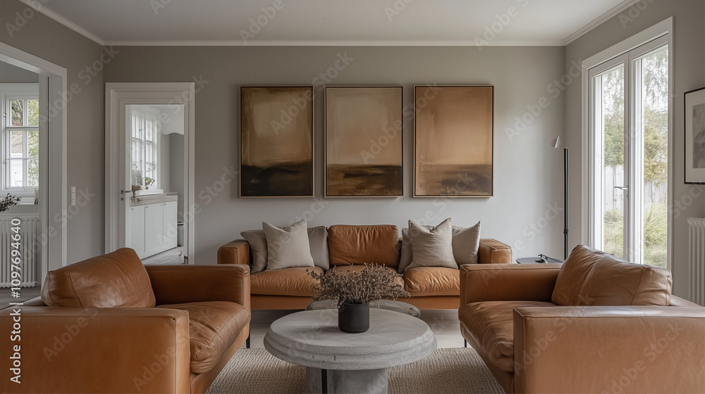An elegant living room featuring minimalist design with neutral shades. An elegant living room featuring minimalist design with neutral shades.